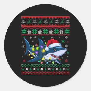 Funny Ugly Christmas Shark Santa Hat Lights Xmas  Classic Round Sticker