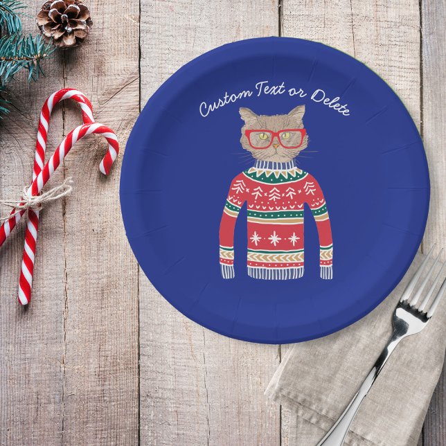 Funny Ugly Christmas Sweater, Custom Cat Lover Paper Plate (Creator Uploaded)