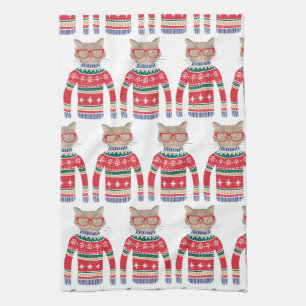 Funny Ugly Christmas Sweater, Cut Cat Lover Tea Towel