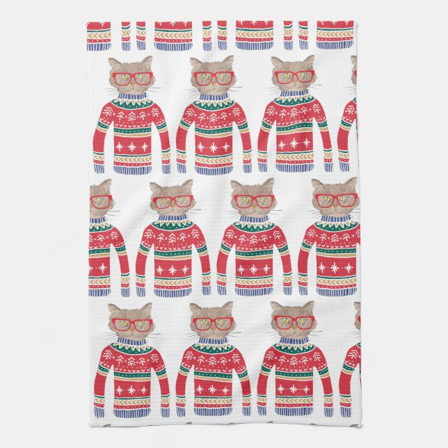Funny Ugly Christmas Sweater, Cut Cat Lover Tea Towel (Vertical)