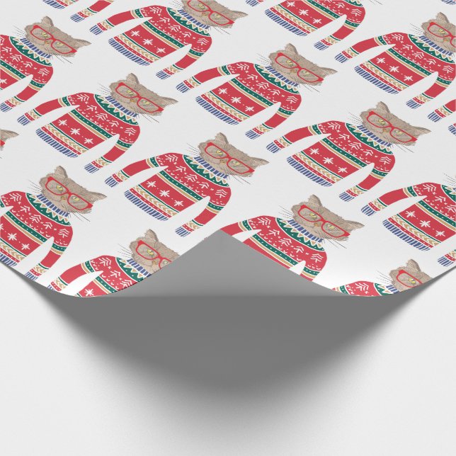 Funny Ugly Christmas Sweater, Cute Cat Lover Wrapping Paper (Corner)
