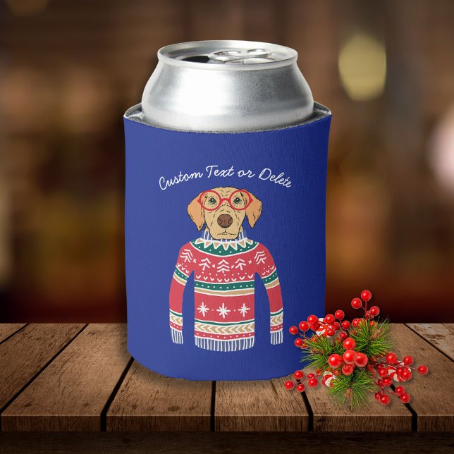 Funny Ugly Christmas Sweater, Dog Wearing Glasses Can Cooler (Creator Uploaded)