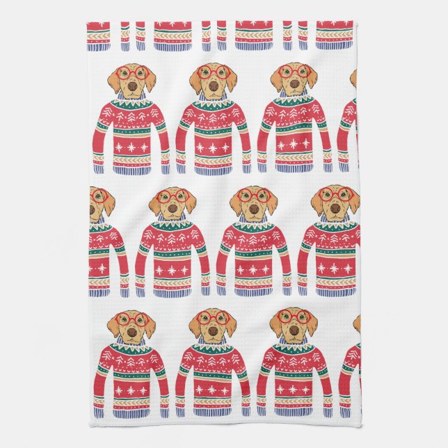 Funny Ugly Christmas Sweater, Dog Wearing Glasses Tea Towel (Vertical)