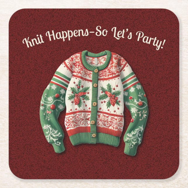 Funny Ugly Christmas Sweater Holiday Party Square Paper Coaster (Front)