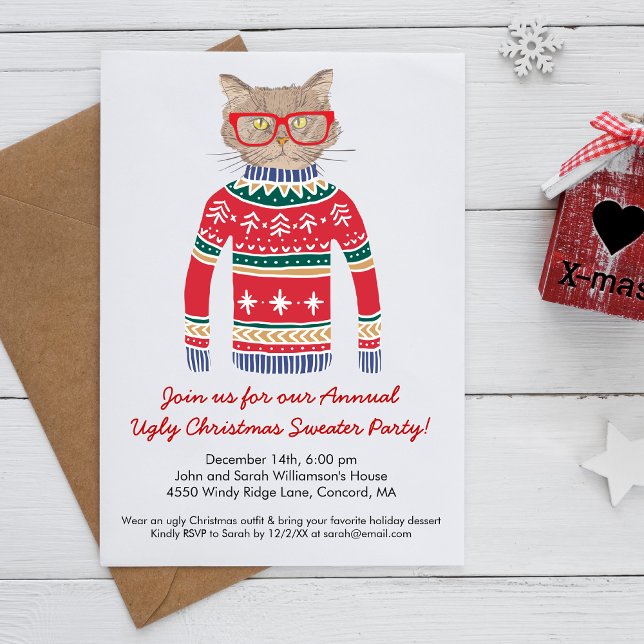 Funny Ugly Christmas Sweater Party Cute Cat Invitation (Creator Uploaded)