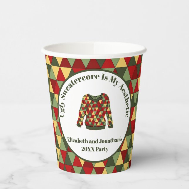 Funny Ugly Christmas Sweater Red Green Gold Paper Cups (Left)