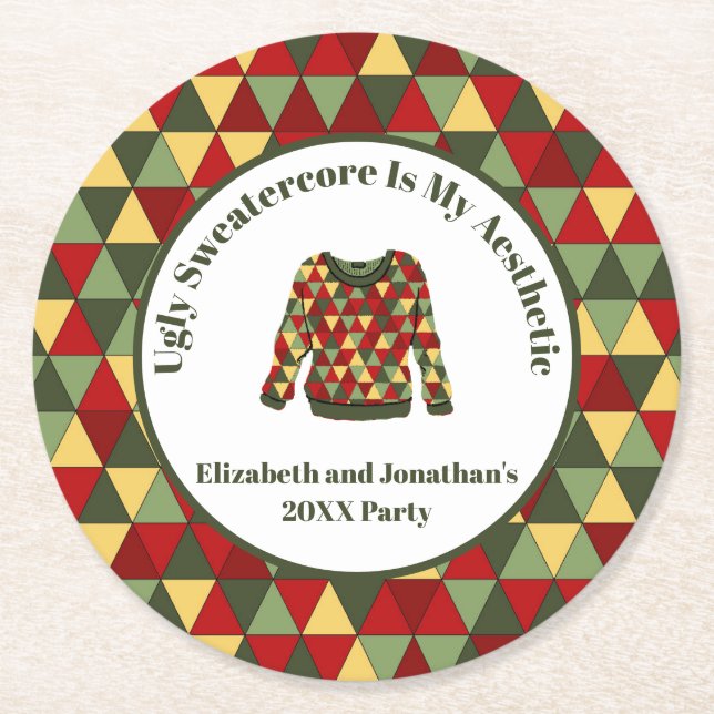 Funny Ugly Christmas Sweater Red Green Gold Round Paper Coaster (Front)