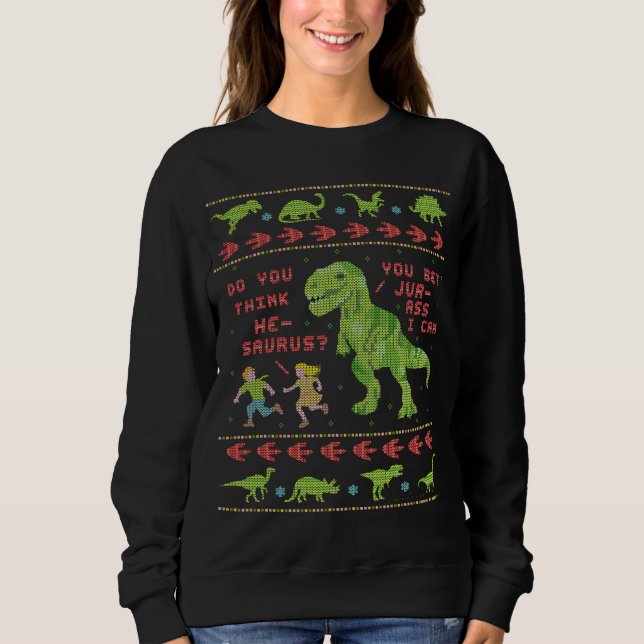 Funny Ugly Christmas Sweater | T Rex Dinosaur Pun (Front)