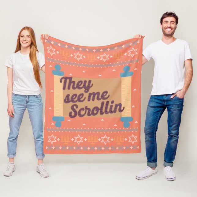 Funny Ugly Hanukkah See Me Scrollin Tee Fleece Blanket (In Situ)