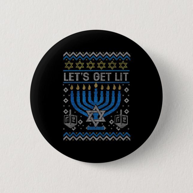 Funny Ugly Hanukkah Sweater Lets Get Lit Menorah J 6 Cm Round Badge (Front)