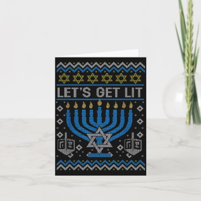 Funny Ugly Hanukkah Sweater Lets Get Lit Menorah J Card (Front)