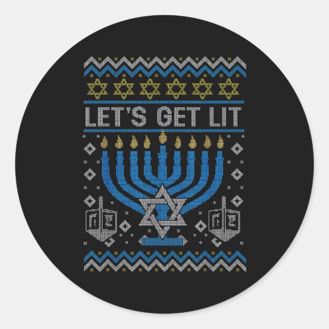 Funny Ugly Hanukkah Sweater Lets Get Lit Menorah J Classic Round Sticker (Front)