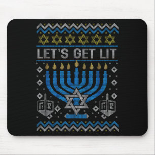 Funny Ugly Hanukkah Sweater Lets Get Lit Menorah J Mouse Mat