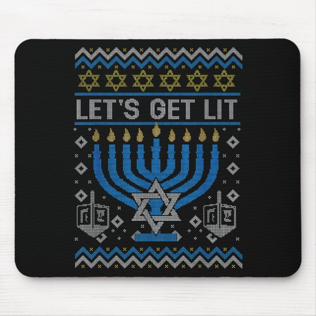 Funny Ugly Hanukkah Sweater Lets Get Lit Menorah J Mouse Mat (Front)