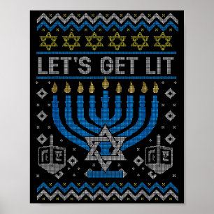 Funny Ugly Hanukkah Sweater Lets Get Lit Menorah J Poster