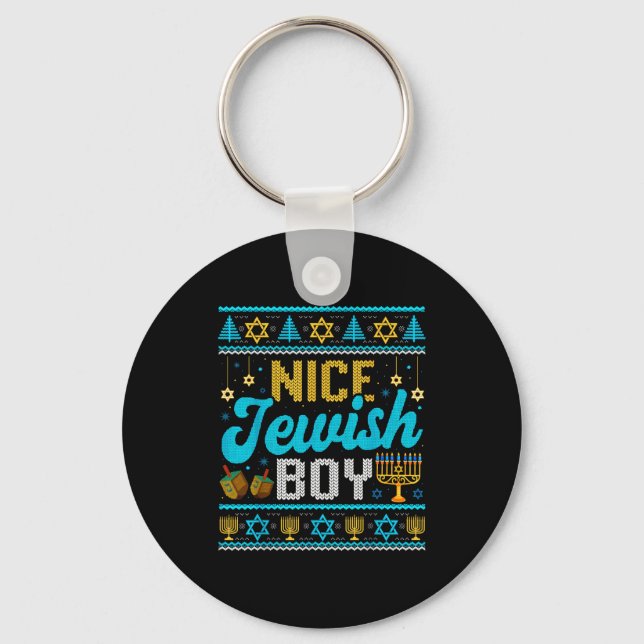 Funny Ugly Hanukkah Sweater Nice Jewish Boy Matchi Key Ring (Front)