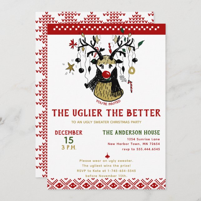 Funny Ugly Sweater Reindeer Nordic Holiday Party Invitation (Front/Back)