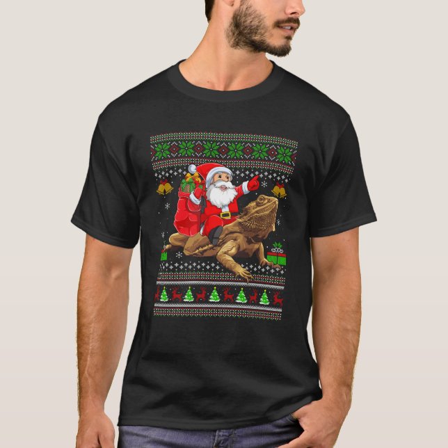Funny Ugly Xmas Santa Riding Bearded Dragon Christ T-Shirt (Front)