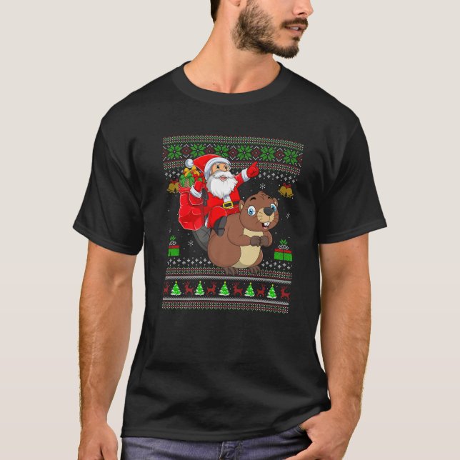 Funny Ugly Xmas Santa Riding Beaver Christmas T-Shirt (Front)