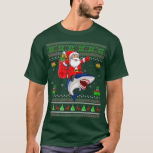 Funny Ugly Xmas Santa Riding Blue Shark Fish Chris T-Shirt