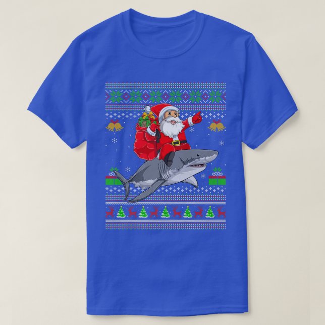 Funny Ugly Xmas Santa Riding Great White Shark Chr T-Shirt (Design Front)