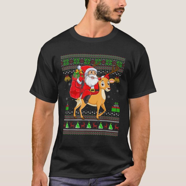 Funny Ugly Xmas Santa Riding Reindeer Christmas  T-Shirt (Front)