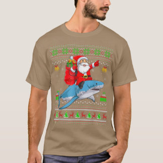 Funny Ugly Xmas Santa Riding Shark Fish Christmas T-Shirt