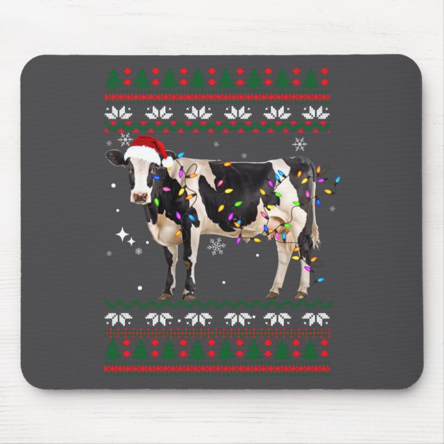 Funny Ugly Xmas Sweater Dairy Cow Farmer Lights Ch Mouse Mat (Front)