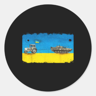 Funny Ukrainian Farmer Pulling Tank With Tractor Classic Round Sticker