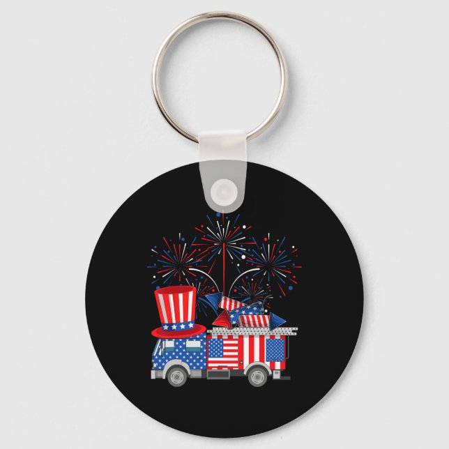 Funny Uncle Sam Firetruck And Fireworks Usa Flag 4 Key Ring (Front)