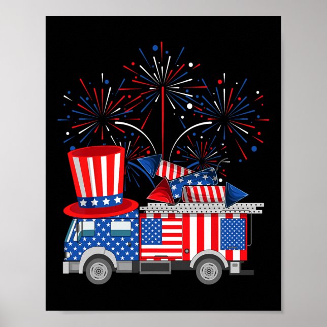 Funny Uncle Sam Firetruck And Fireworks Usa Flag 4 Poster (Front)