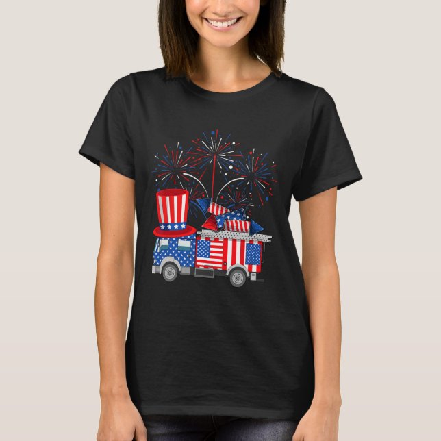 Funny Uncle Sam Firetruck And Fireworks Usa Flag 4 T-Shirt (Front)