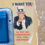 Funny Uncle Sam Patriotic Custom Message Beach Towel<br><div class="desc">Uncle Sam is here to tell you to put on your sunscreen, have fun, or whatever other message you would like. Create your own fun beach towel when you customise the red text beneath Uncle Sam with your own personalised text. This beach towel is in the style of the classic...</div>