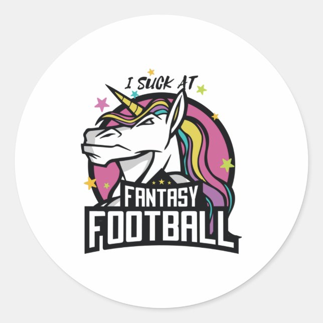 Funny Unicorn - I SUCK AT FANTASY FOOTBALL Classic Round Sticker (Front)