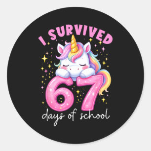 Funny Unicorn I Survived 67 Days Of School Meme Fo Classic Round Sticker