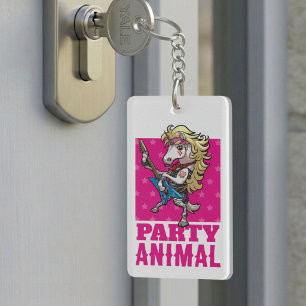 Funny Unicorn Party Animal Glam Rocker Cartoon Key Ring