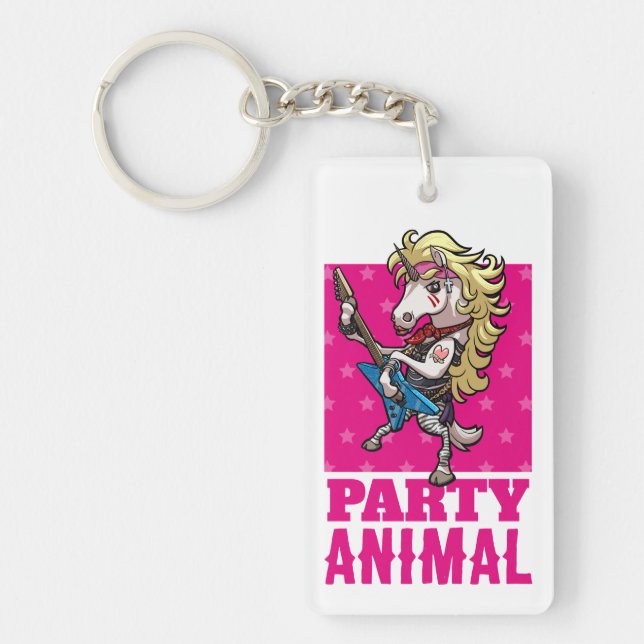 Funny Unicorn Party Animal Glam Rocker Cartoon Key Ring (Front)