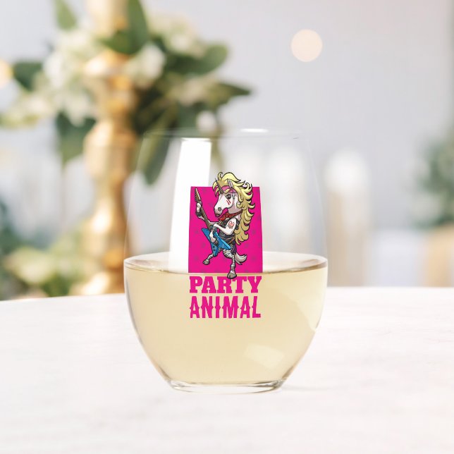 Funny Unicorn Party Animal Glam Rocker Cartoon Stemless Wine Glass (Insitu (Wedding))