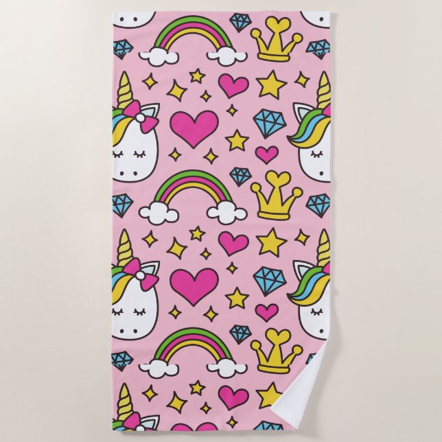Funny Unicorn Pattern Pink Magic Horse Cute        Beach Towel (Front)
