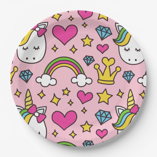 Funny Unicorn Pattern Pink Magic Horse Cute        Paper Plate (Front)