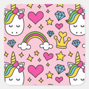 Funny Unicorn Pattern Pink Magic Horse Cute Square Sticker