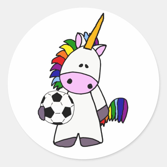 Funny Unicorn Playing Soccer Cartoon Classic Round Sticker (Front)