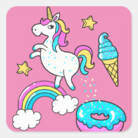 Funny unicorn pooping rainbow sprinkles on doughnu