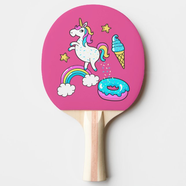 Funny unicorn pooping rainbow sprinkles on ping pong paddle (Front)