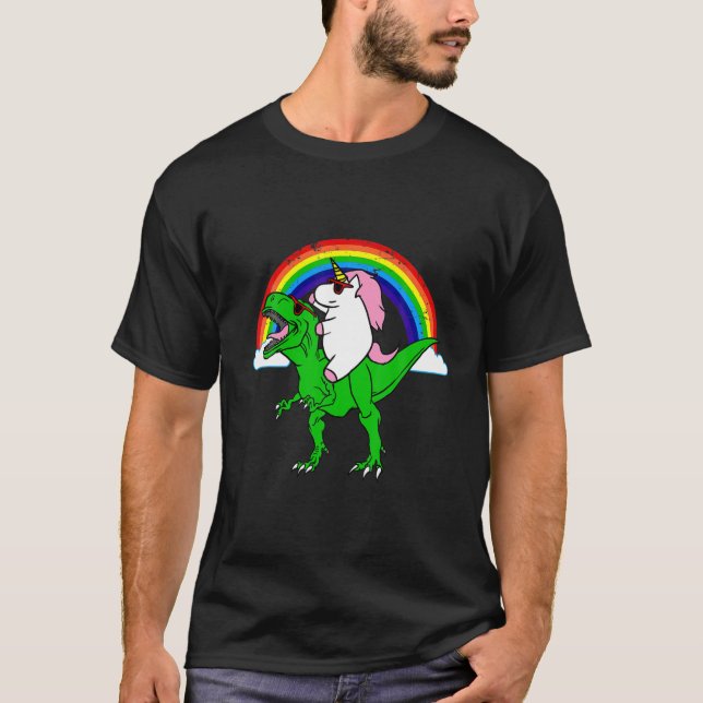 Funny Unicorn Riding Dinosaur Rex Rainbow Gift T-Shirt (Front)
