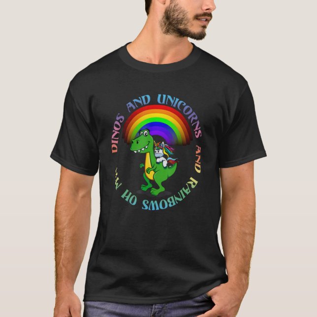 Funny Unicorn Riding T Rex Dinosaur Rainbow Boys G T-Shirt (Front)