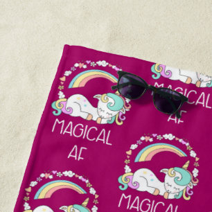 Funny Unicorn Saying Magical AF Beach Towel