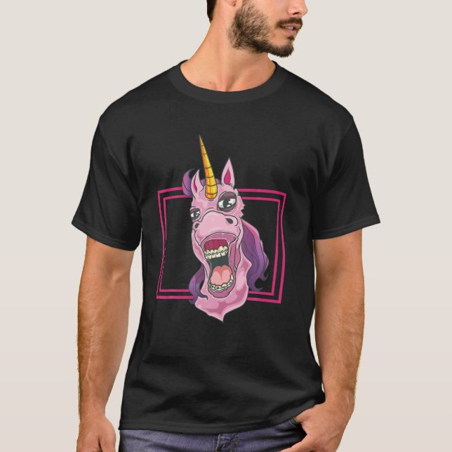 Funny Unicorn With Dental Braces Funny Horse Smile T-Shirt (Front)