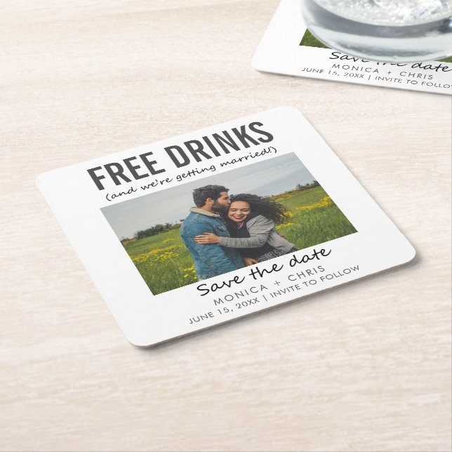 Funny Unique Photo Wedding Save the Date Square Paper Coaster (Angled)