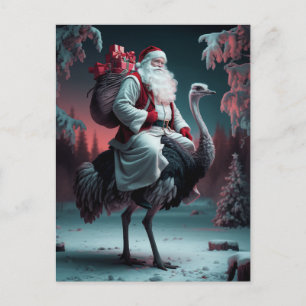 Funny Unique Santa and Ostrich Christmas Snow Postcard